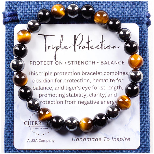 Cherry Tree Collection Triple Protection Bracelet – Handmade Healing Crystal Bracelet with Tiger’s Eye, Black Obsidian & Hematite – 8mm Natural Gemstone Beaded Bracelet for Men & Women – (Small)