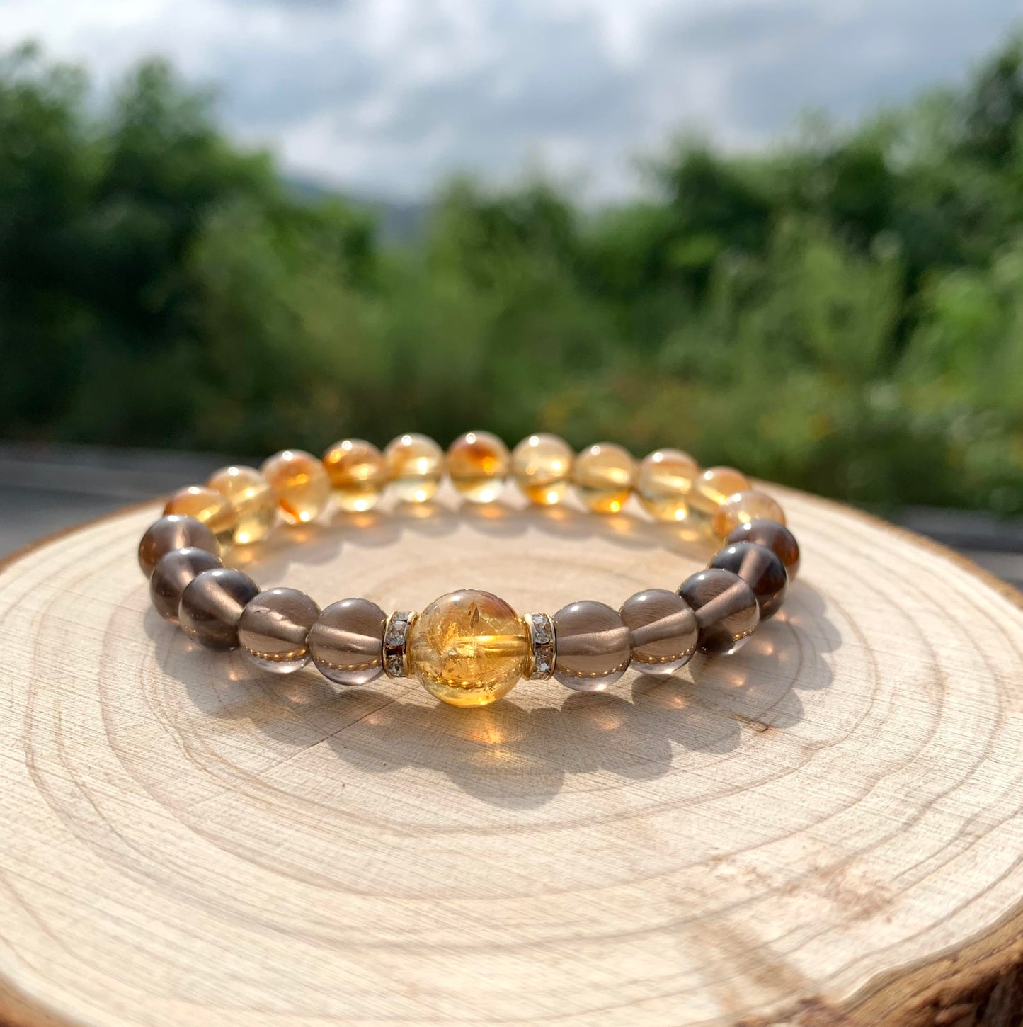Handmade Genuine Citrine&Smoky Quartz Beads Bracelet, ABUNDANCE GROUNDING STONE Healing Crystals Birthstone Chakra Adjustable Stretch Bangle Cuff Jewelry Gift for Women Men