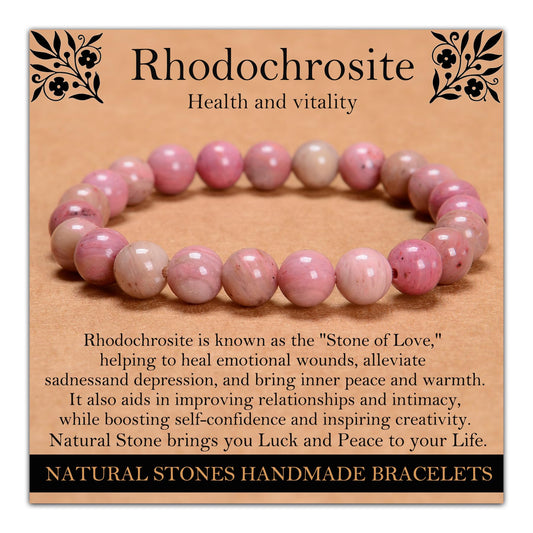 Handmade Natural Gemstone Elastic Bracelet - Healing Crystal Beads Jewelry, Unisex (Rhodochrosite, 8mm)