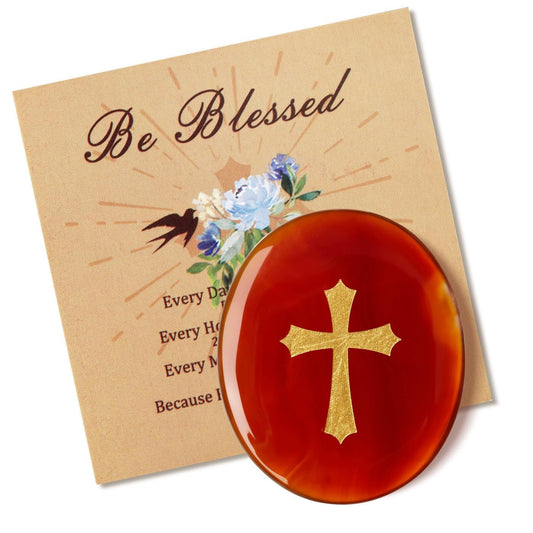 LAIDANLA Red Agate Cross Engraved Healing Crystal Worry Stones for Pray Faith Anxiety Relief Oval Palm Stone Polished Natural Crystal Gifts