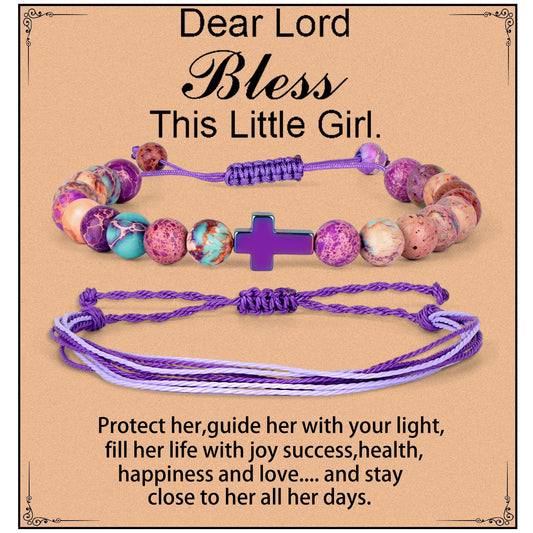 LPBeads 8mm Natural Imperial Jasper Corss Charm Bracelet with Handmade Rope Bracelet Size Adjustable Natural Stone Crystal Healing Bracelets Gifts for Women Girls