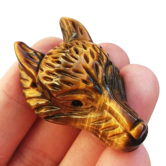 Bacatgem Natural Tiger's Eye 1.57 inchs Wolf Head Pocket Crystals and Healing Stone Figurine,Haped DIY-Jewelry Pendant