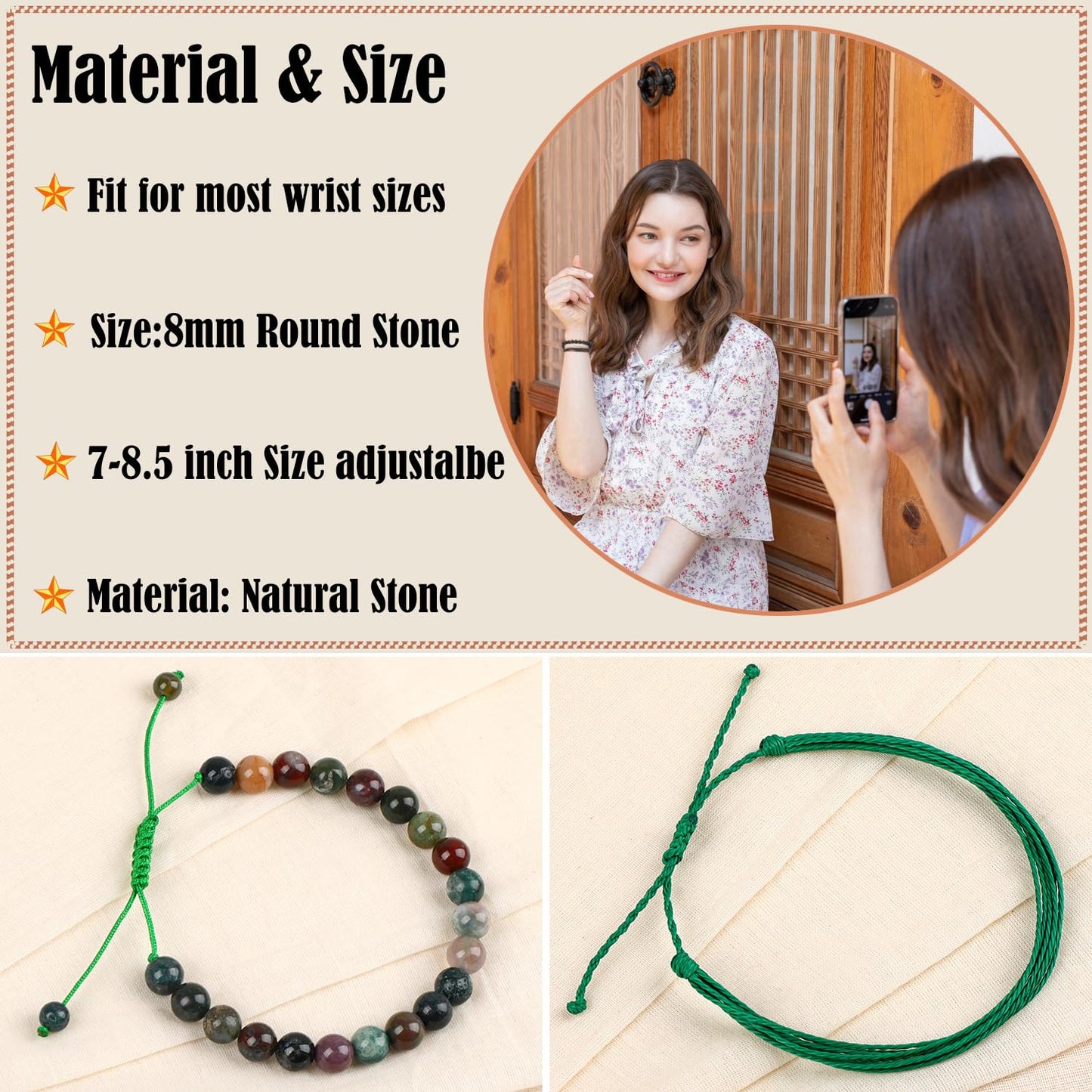 LPBeads 8mm Indian Agate Bracelet with Handmade Rope Bracelet Size Adjustable Natural Stone Crystal Healing Bracelets Gifts for Unisex Adults