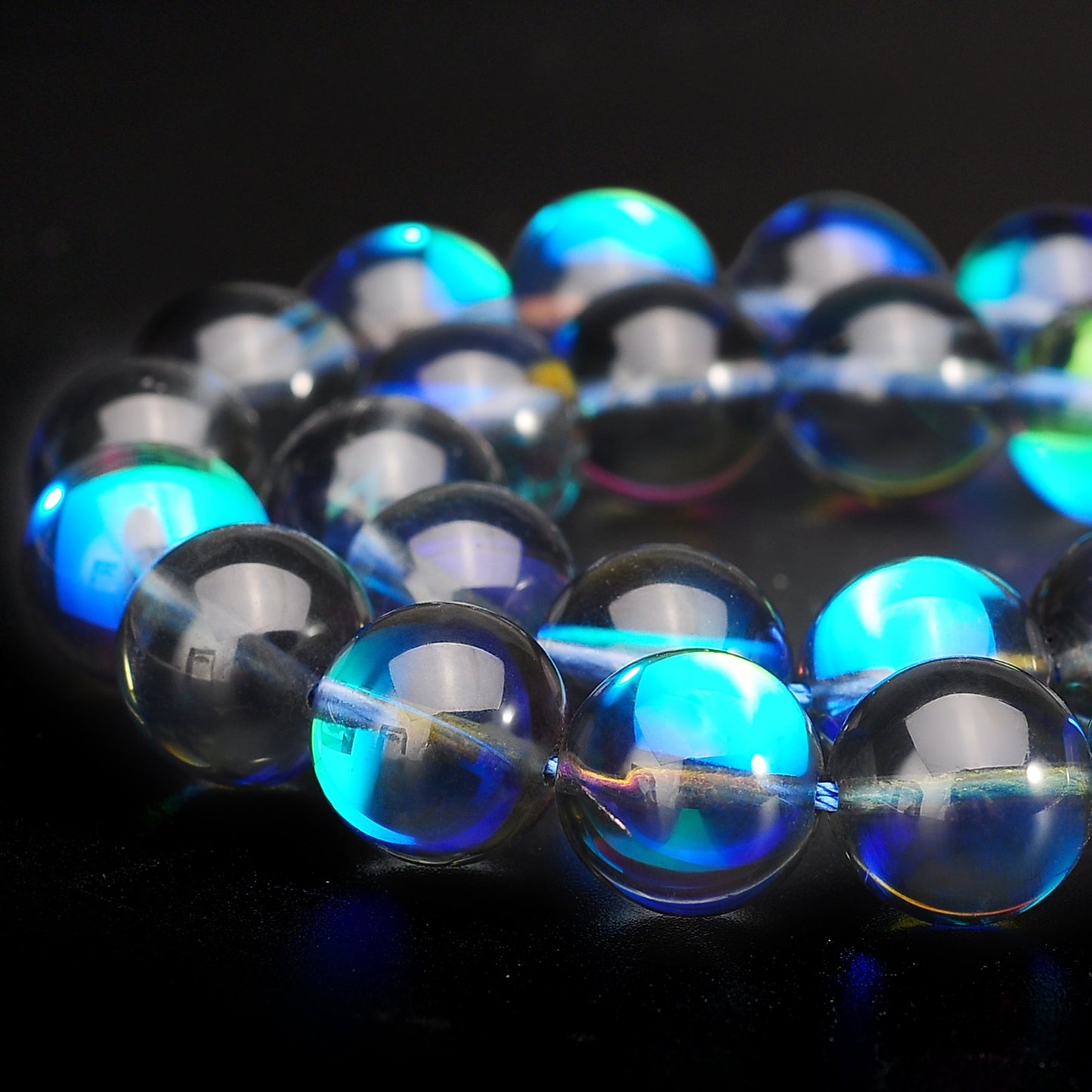 RUBYCA Round Moonstone Crystal Glass Beads Aura Iridescent for Jewelry Making (1 Strand, 12mm, Grey)