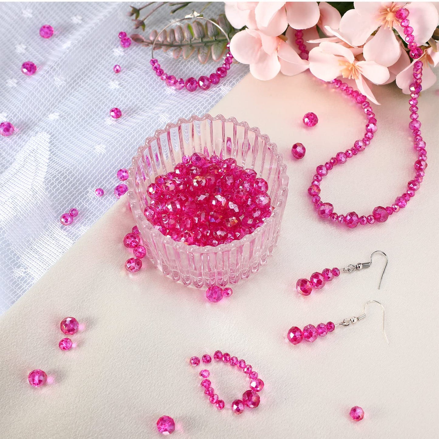 WILLBOND 600 Pcs Crystal Glass Beads for Jewelry Making Bulk Suncatcher Faceted Rondelle Loose Gemstone for Valentine's Day, Irish Holiday, Easter Bracelet DIY Crafts 8mm, 6mm, 4mm(Hot Pink)