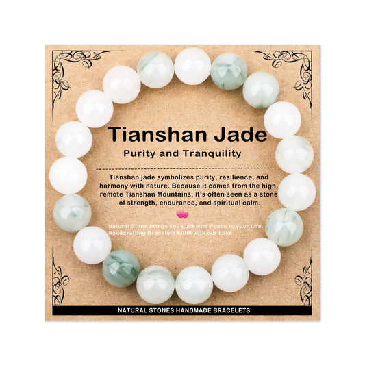 AD Beads 10mm Handmade Tianshan Jade Elastic Bracelet – Natural Gemstone for Purity and Tranquility – Meditation, Yoga, Healing and Energy Gift for Men Women