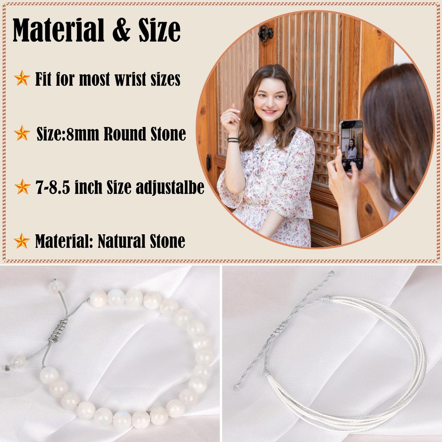 LPBeads 8mm White MoonStone Bracelet with Handmade Rope Bracelet Size Adjustable Natural Stone Crystal Healing Bracelets Gifts for Unisex Adults