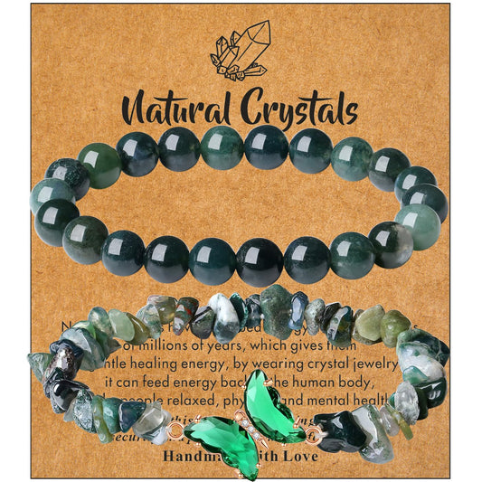 DUQGUHO 2Pcs Butterfly Bracelets for Women Moss Agate Bracelets Green Healing Crystal Bracelet Natural Gemstone Stretchable Jewelry 8mm Beaded Bracelet Gifts for Women