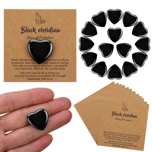 YooNotee 32 Pack Black Obsidian Heart Stone Gift Sets Bulk 0.8 Inch 16 Pcs Crystal Gemstone Crystals Rock with 16 Pcs Cards for Men Women