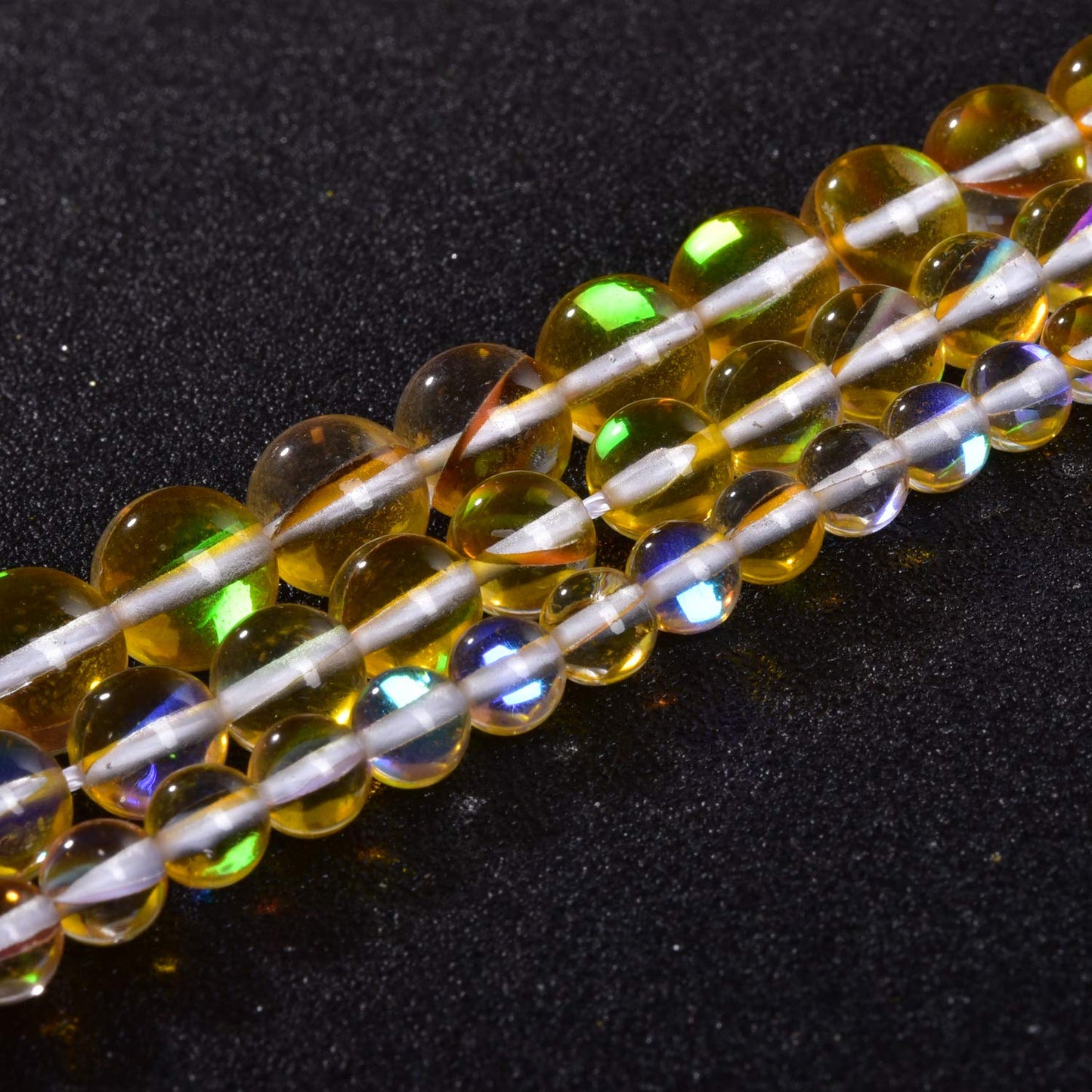 Asingeloo 48PCS 8mm Yellow Angel Aura Round Gemstone Polished Mermaid Aura Moonstone Bead Smooth Stone Loose Beads Crystal Quartz for DIY Jewelry Making 1 Strand 15”