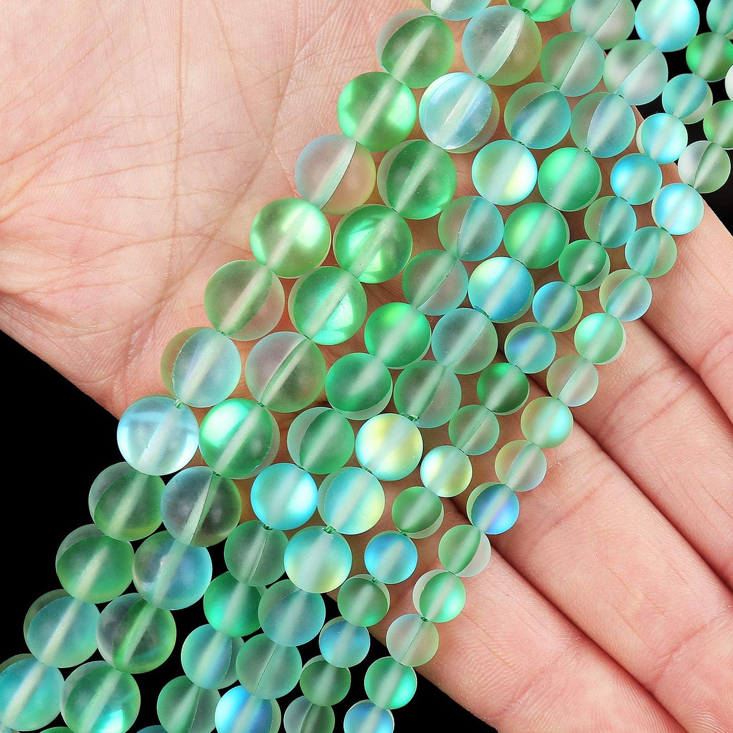 Matte Green Aurora Crystal Glass Beads, 6MM Frosted Glitter Shining Mermaid Round Loose Beads, Rainbow Holographic Synthetic Moonstone for Jewelry Making DIY Bracelet
