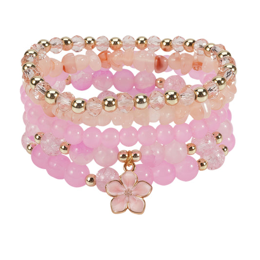 LOTSOF Boho Flower Beaded Bracelet Set for Women - Multilayer Crystal & Flower Charm Stackable Bracelets, Fashion Jewelry Gift for Her (Pink)
