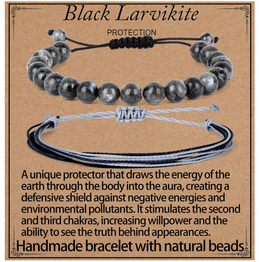 LPBeads 8mm Larvikite Bracelet with Handmade Rope Bracelet Size Adjustable Natural Stone Crystal Healing Bracelets Gifts for Unisex Adults