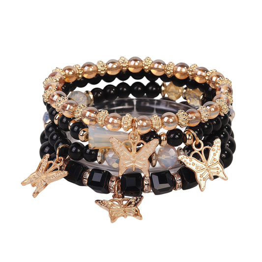 LOTSOF Boho Flower Beaded Bracelet Set for Women - Multilayer Crystal & Flower Charm Stackable Bracelets, Fashion Jewelry Gift for Her (Black Butterfly)