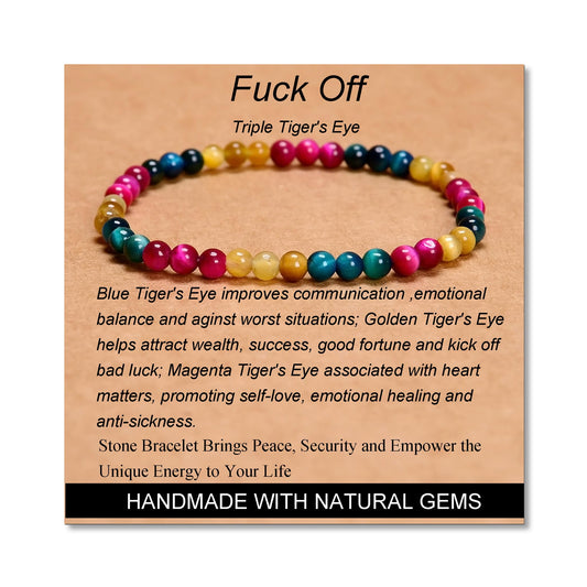 MASSIVE BEADS Triple Tiger's Eye - Fuck Off Handmade Handmade Yoga Stretch Elastic Bracelet Natural Stone Crystal Healing Power Energy Gifts for Unisex Adult 4mm