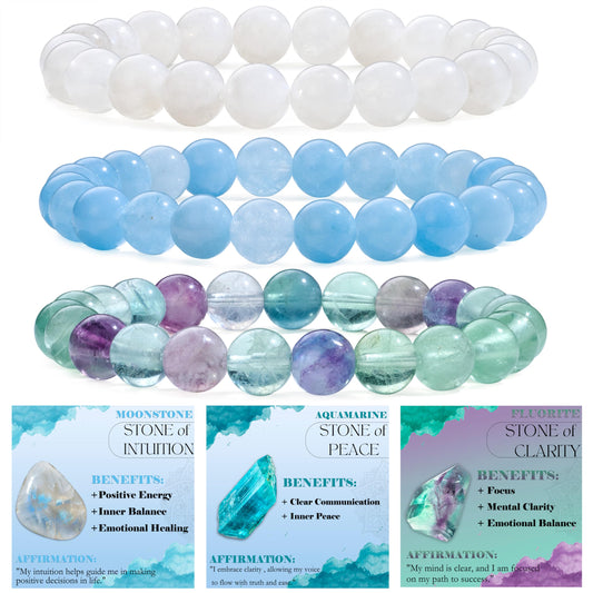 Bivei 3-Piece 8mm Beaded Bracelets for Women – Moonstone, Aquamarine, Fluorite – Handmade Natural Crystal Stretch Elastic Jewelry for Meditation, Yoga, Protection Gifts
