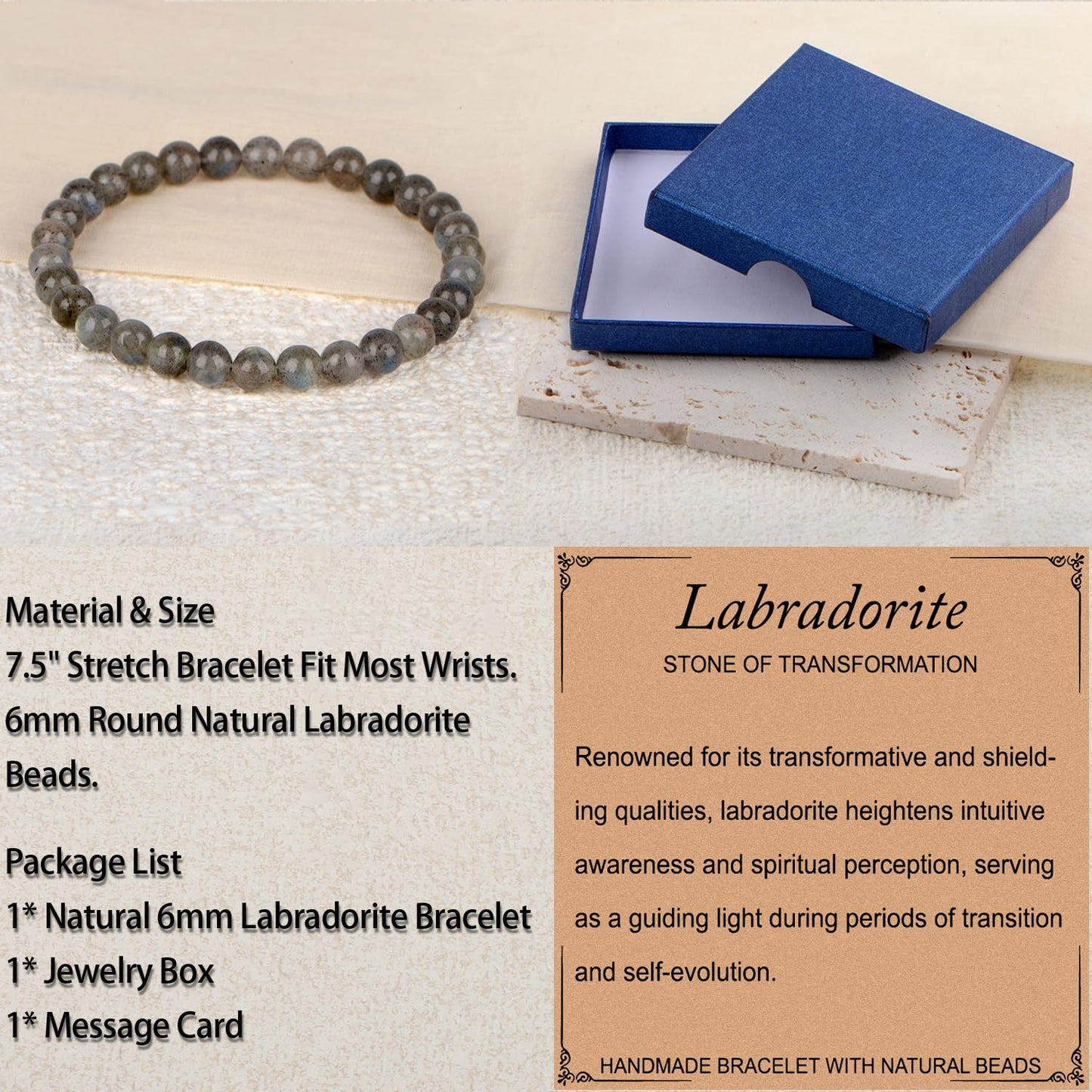 LPBeads Handmade Natural Gemstone Stretch Elastic 6mm Labradorite Bracelet Healing Crystal Round Stone Beads Jewelry Gifts for Women Men