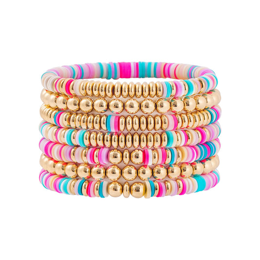 GOOJIDS Surfer Heishi Clay Bead Bracelets for Women Bohemian Stackable Gold Plated Beaded Stretch Bracelets Elastic Layering Friendship Bracelets Set Boho Jewelry (F-Pink Multicolor Set)
