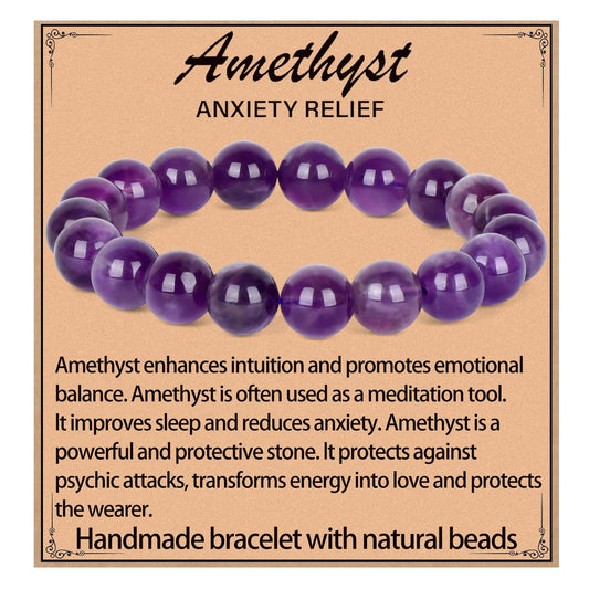LPBeads Handmade Natural Gemstone Stretch Elastic 10mm Amethyst Bracelet Healing Crystal Round Stone Beads Jewelry Gifts for Women Men