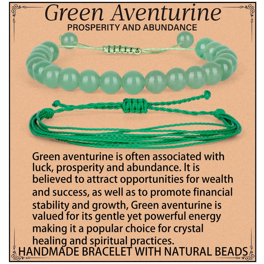 LPBeads 8mm Green Aventurine Bracelet with Handmade Rope Bracelet Size Adjustable Natural Stone Crystal Healing Bracelets Gifts for Unisex Adults