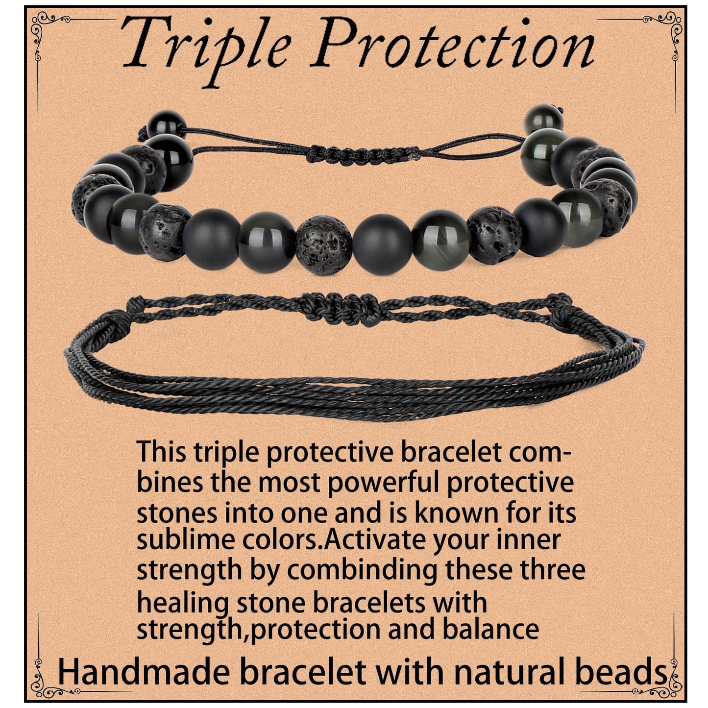 LPBeads 8mm Onyx Lava Obsidian Mixed stone Bracelet with Handmade Rope Bracelet Size Adjustable Natural Stone Crystal Healing Bracelets Gifts for Unisex Adults