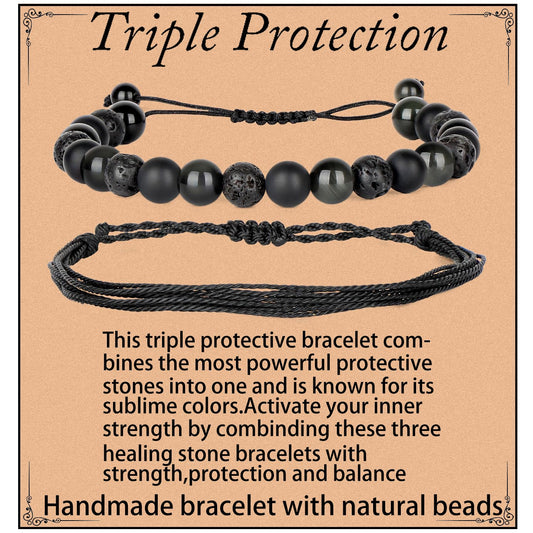 LPBeads 8mm Onyx Lava Obsidian Mixed stone Bracelet with Handmade Rope Bracelet Size Adjustable Natural Stone Crystal Healing Bracelets Gifts for Unisex Adults
