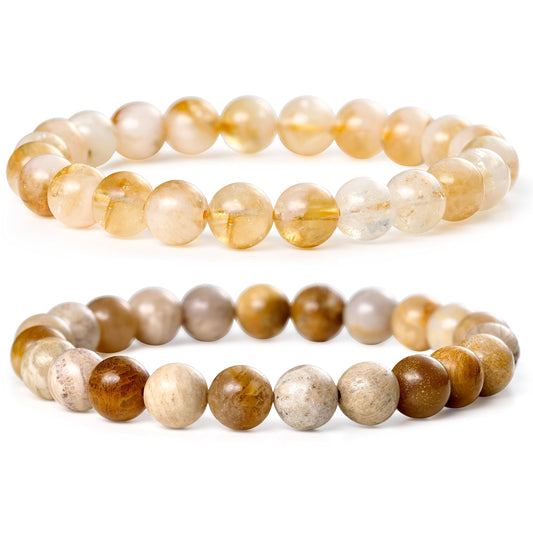 Bivei Natural Gemstone Semi Precious Crystals Handmade Stretchy Round Beads Bracelet, Enhance Positive Energy,Stocking Stuffers for Women(Citrine & Coral Jade (Wealth) Medium)