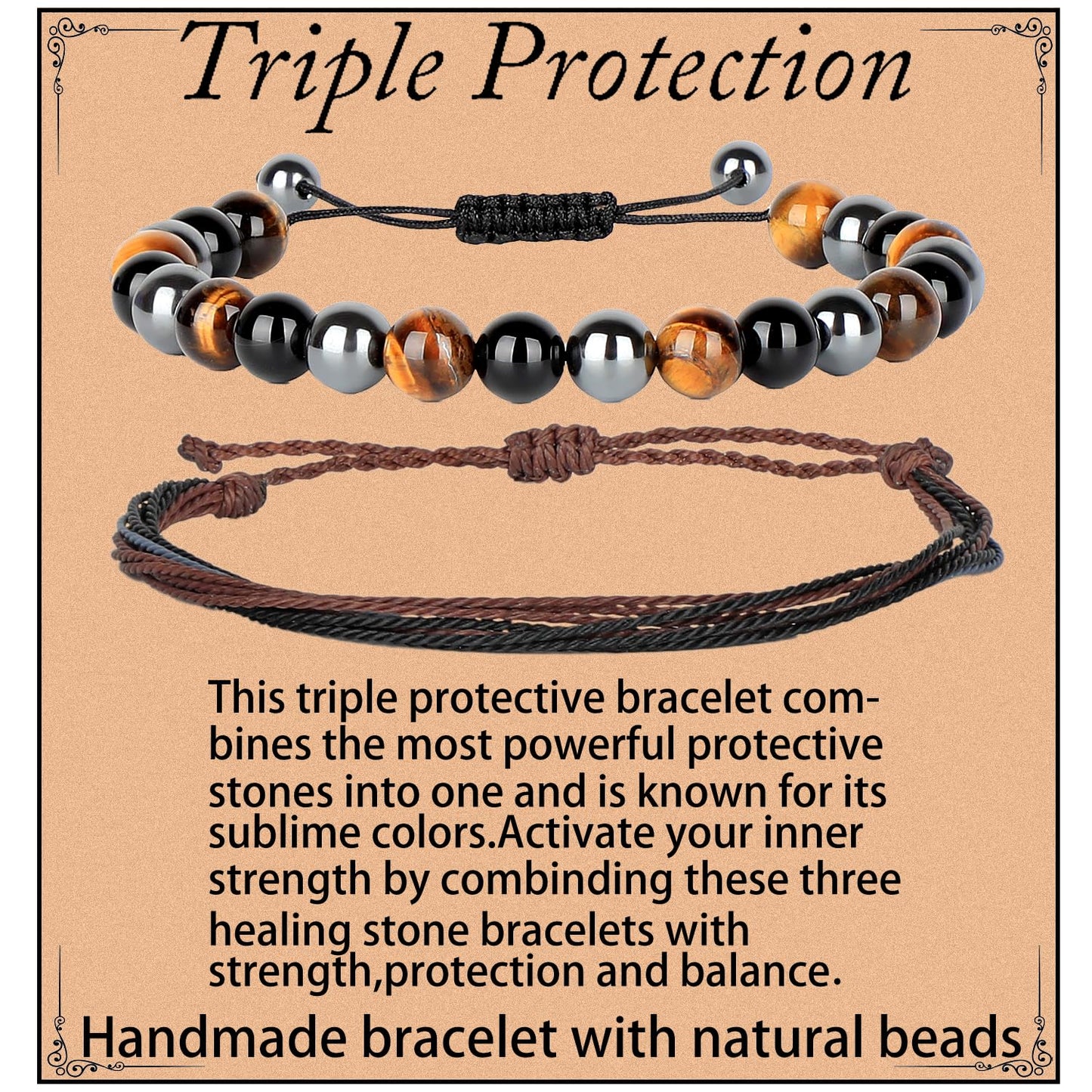 LPBeads 8mm Onyx Tiger's eye Hematite Mixed stone Bracelet with Handmade Rope Bracelet Size Adjustable Natural Stone Crystal Healing Bracelets Gifts for Unisex Adults