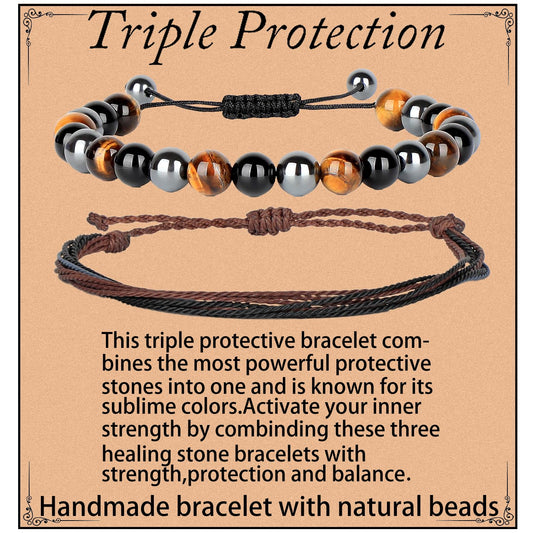 LPBeads 8mm Onyx Tiger's eye Hematite Mixed stone Bracelet with Handmade Rope Bracelet Size Adjustable Natural Stone Crystal Healing Bracelets Gifts for Unisex Adults