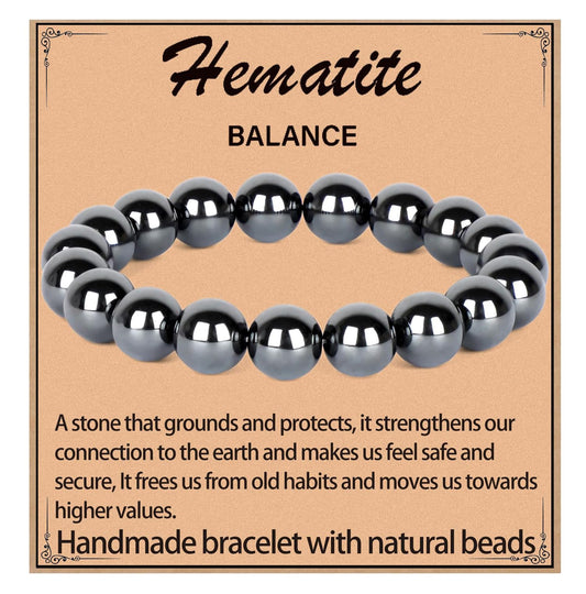 LPBeads Handmade Natural Gemstone Stretch Elastic 10mm Hematite Bracelet Healing Crystal Round Stone Beads Jewelry Gifts for Women Men