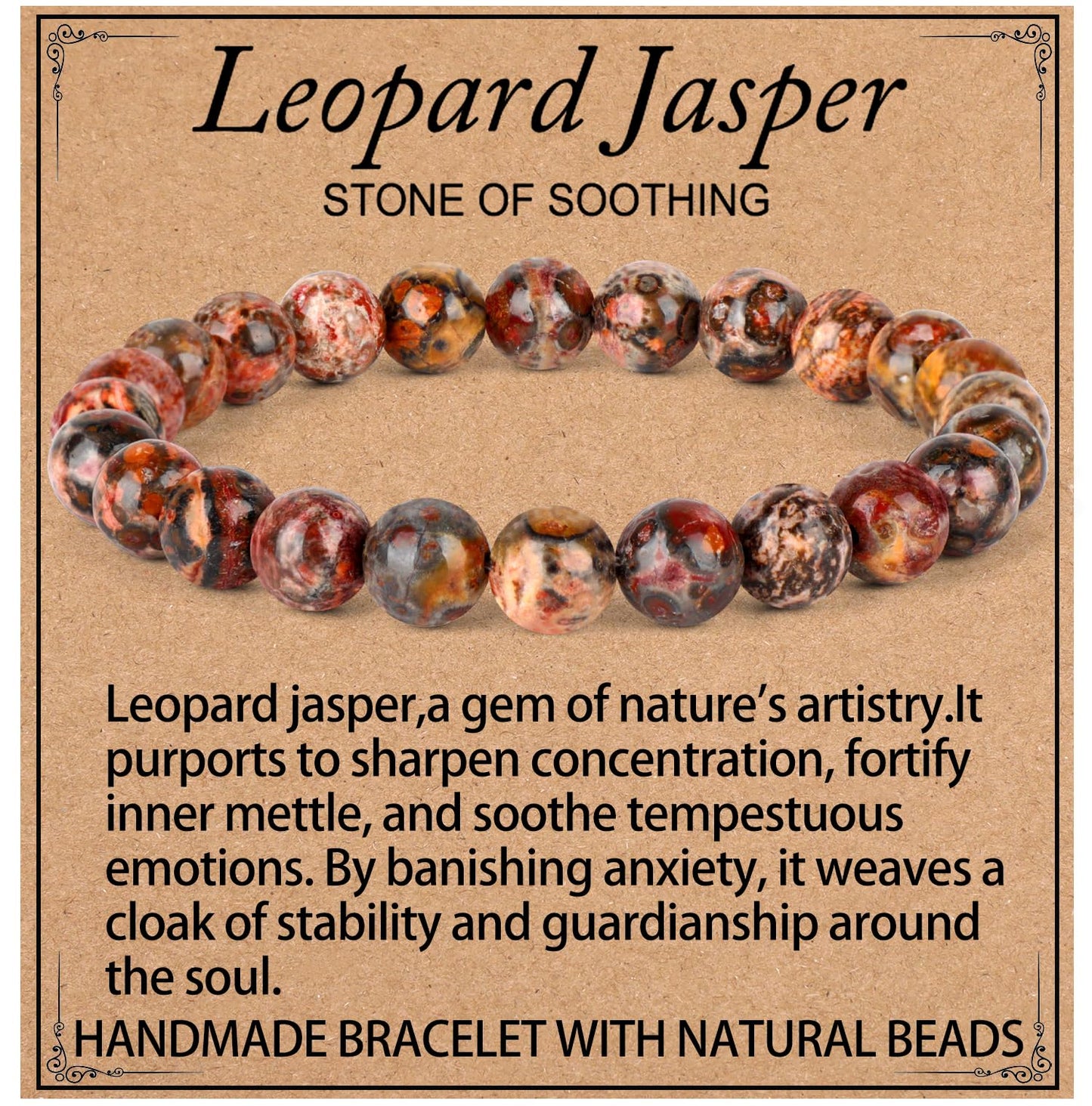 LPBeads Handmade Natural Gemstone Stretch Elastic 8mm Leopard Jasper Bracelet Healing Crystal Round Stone Beads Jewelry Gifts for Women Men