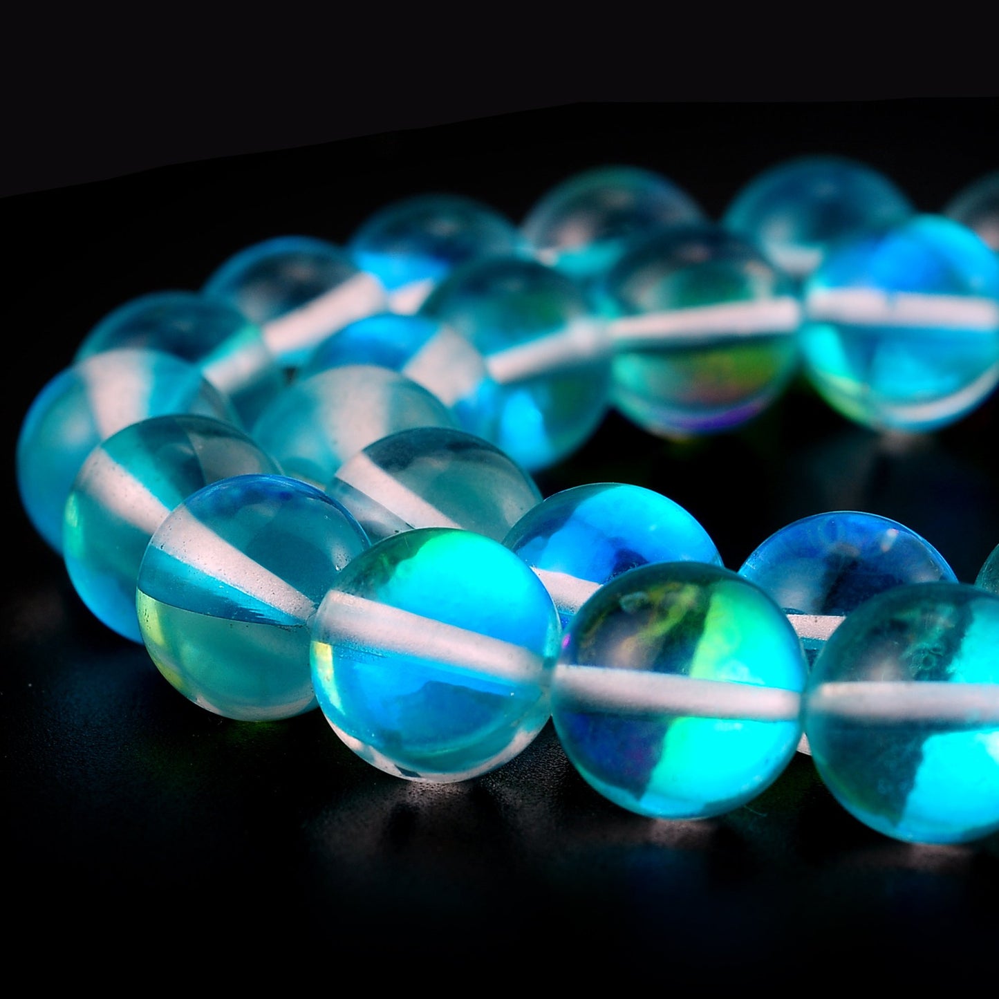 RUBYCA Round Moonstone Crystal Glass Beads Aura Iridescent for Jewelry Making (1 Strand, 8mm, Blue)