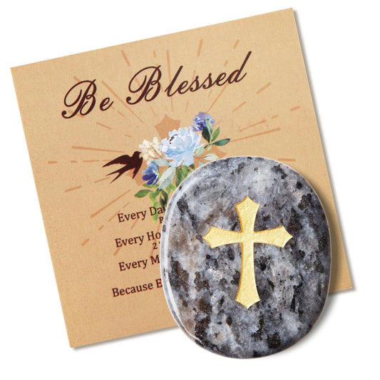 LAIDANLA Black Labradorite Cross Engraved Healing Crystal Worry Stones for Pray Faith Anxiety Relief Oval Palm Stone Polished Natural Crystal Gifts