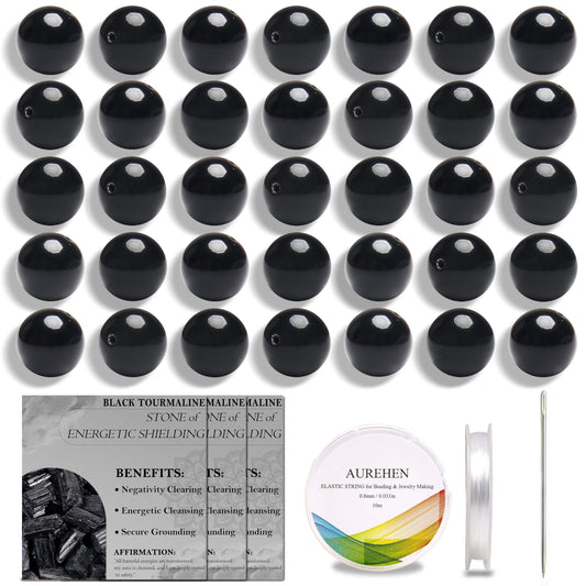 Aurehen Natural Gemstone Beads with Thread Needle Card as Complete Jewelry Making Kit, 120PCS 6mm Round Loose Energy Stone Spacer Beads, Smooth Healing Crystals for DIY Crafts (Black Tourmaline)