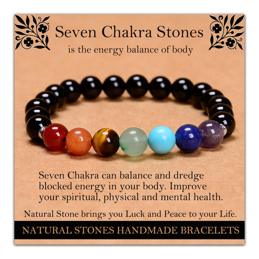 Handmade Natural Gemstone Elastic Bracelet - Healing Crystal Beads Jewelry, Unisex (Seven Chakra Stones, 8mm)