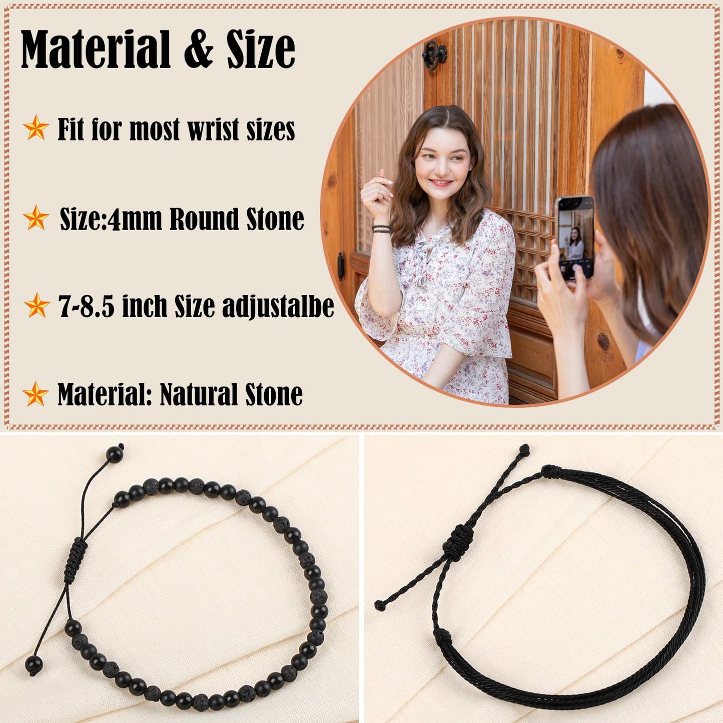 LPBeads 4mm Onyx Lava Obsidian Mixed stone Bracelet with Handmade Rope Bracelet Size Adjustable Natural Stone Crystal Healing Bracelets Gifts for Unisex Adults