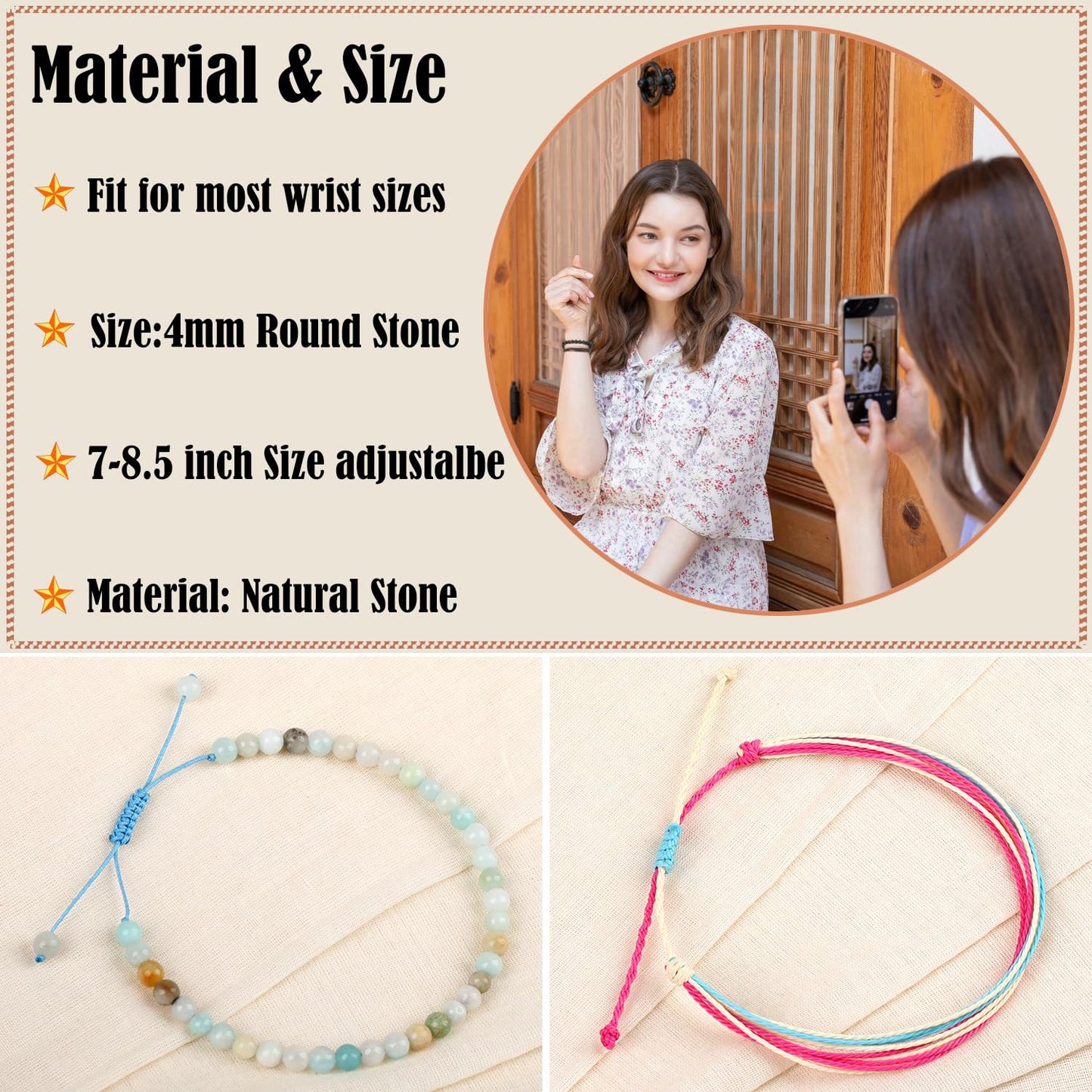 LPBeads 4mm Amazonite Bracelet with Handmade Rope Bracelet Size Adjustable Natural Stone Crystal Healing Bracelets Gifts for Unisex Adults