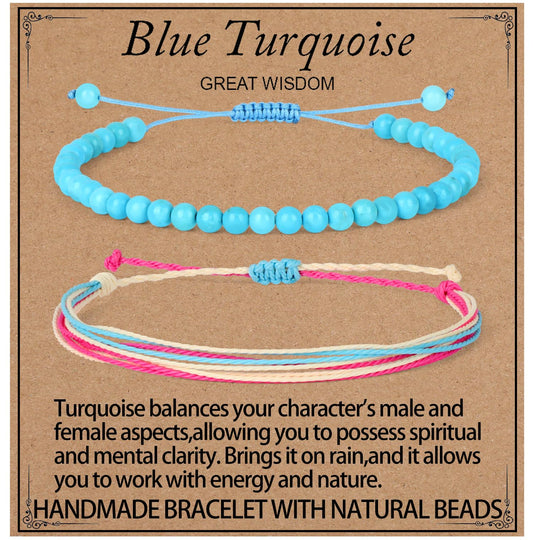 LPBeads 4mm Blue Turquoise Bracelet with Handmade Rope Bracelet Size Adjustable Stone Crystal Healing Bracelets Gifts for Unisex Adults
