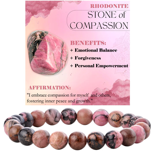 Bivei Rhodonite - Compassion - 8mm Beaded Bracelets for Women Handmade Semi Precious Natural Stone Stretch Elastic Jewelry Yoga Protection Gifts