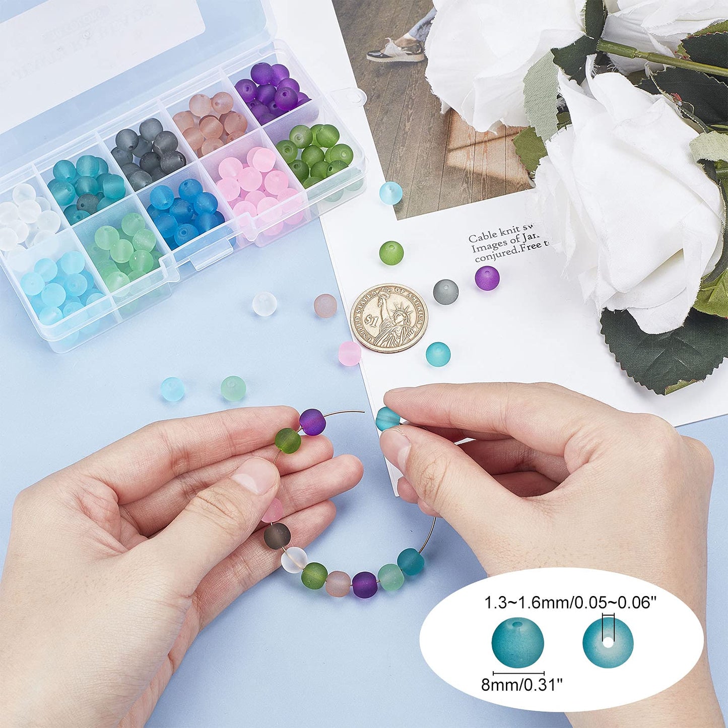 PH PandaHall 200pcs Frosted Glass Beads 10 Color 8mm Sea Glass Beads Spacers Matte Bead Ocean Blue Loose Bead for Friendship Bracelet Necklace Mother's Day Christmas Jewelry Making