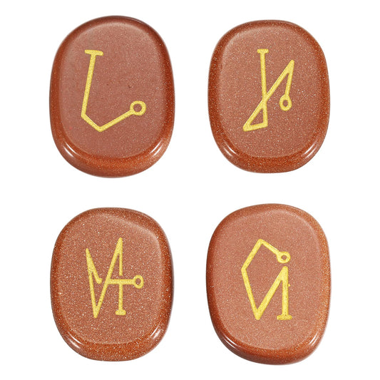 MECCANIXITY 4Pcs Engraved Chakra Stones with Reiki Symbols, Gold Sand Stone Reiki Healing Crystal Gemstone 7 Chakra Crystal Stones Tumbled Palm Stone for Anxiety Relieve