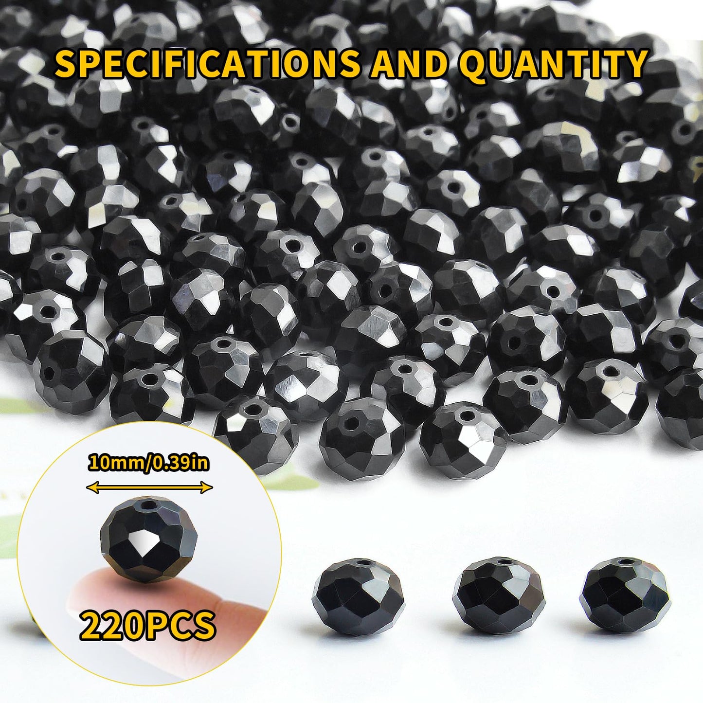 Laopottbeads 220 Pcs 10mm Round Crystal Glass Beads for DIY Jewelry, Ideal for Bracelets, Necklaces, Pendants, and Handmade Craft Projects(Black)