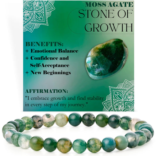 Bivei Moss Agate - Growth - 6mm Beaded Bracelets for Women Handmade Semi Precious Natural Stone Stretch Elastic Jewelry for Women Yoga Protection Gifts Small