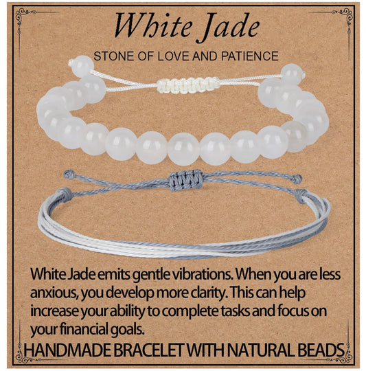 LPBeads 8mm White Jade Bracelet with Handmade Rope Bracelet Size Adjustable Natural Stone Crystal Healing Bracelets Gifts for Unisex Adults