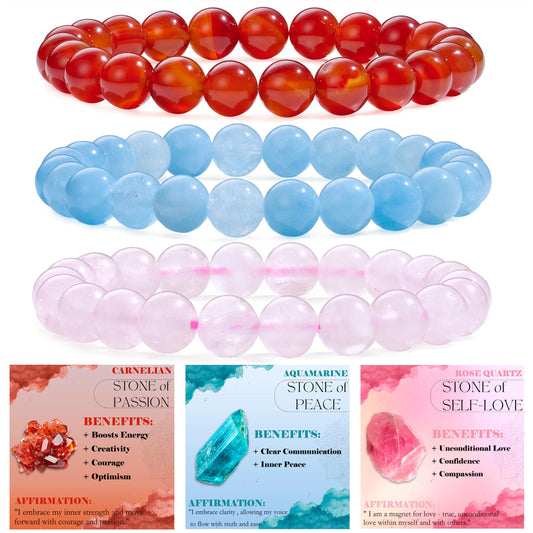 Bivei 3-Piece 8mm Beaded Bracelets for Women – Carnelian, Aquamarine, Rose Quartz – Handmade Natural Crystal Stretch Elastic Jewelry for Meditation, Yoga, Protection Gifts