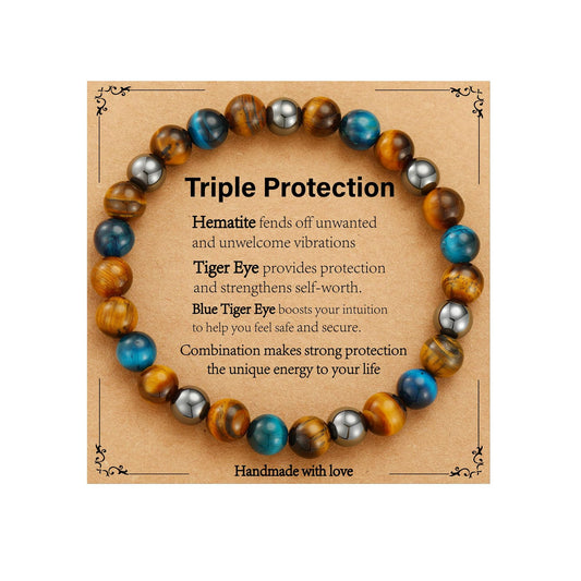 Gnamy Triple Protection Beaded Bracelet Gifts for Men, Bule Tiger Eye Hematite Bracelets Christmas Birthday Valentines Anniversary Healing Sobriety Jewelry Gifts for Husband Dad Boyfriend Brother Him