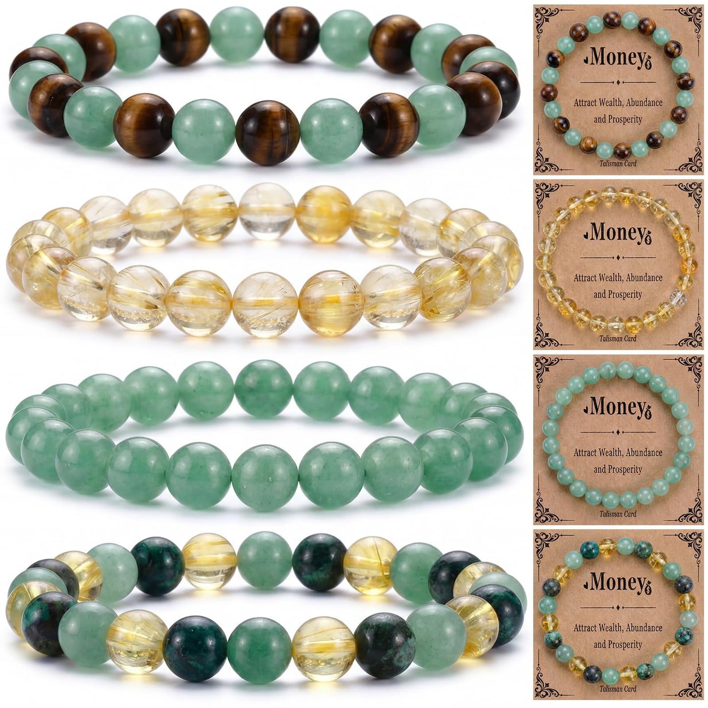 Kingdder 4 Set Wealth Money Bracelets Cards Set for Women Men Natural Healing Crystal Wealth Attraction Feng Shui Good Luck Bracelet for Spiritual Friend Birthday Holiday Jewelry Gifts