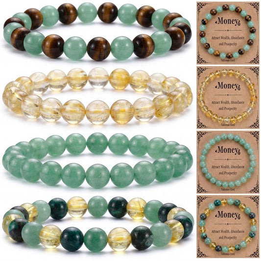 Kingdder 4 Set Wealth Money Bracelets Cards Set for Women Men Natural Healing Crystal Wealth Attraction Feng Shui Good Luck Bracelet for Spiritual Friend Birthday Holiday Jewelry Gifts