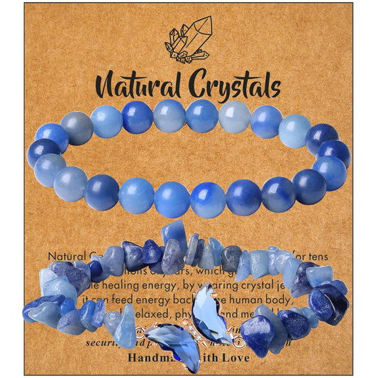 DUQGUHO 2Pcs Blue Aventurine Bracelet for Women Butterfly Bracelet Gift for Women Healing Crystal Bracelet Blue Natural Jewelry 8mm Blue Crystal Beaded Bracelet Gift for Birthday