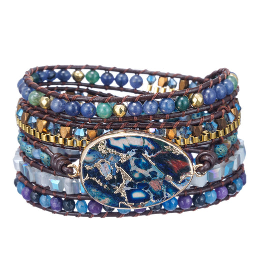 Handmade Imperial Jasper Leather Wrap Bracelet for Women Men, Boho Multi-Layer Natural Stone Beaded Strand Bracelets, Adjustable Spiritual Healing Crystal Bangle, Unique Vacation Statement Jewelry Gift